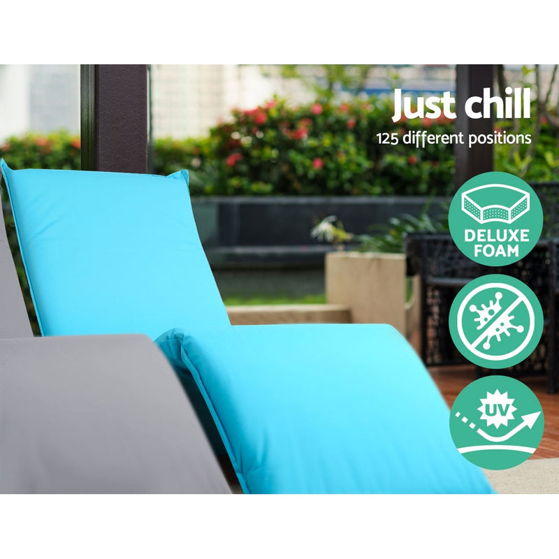 Adjustable Beach Sun Pool Lounger - Blue with deluxe foam, UV protection, and adjustable backrest in outdoor setting