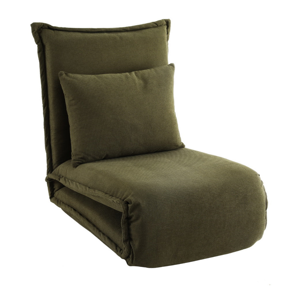 Floor Lounge Sofa Bed Foldable Green with adjustable backrest and matching green cushion in textured fabric.