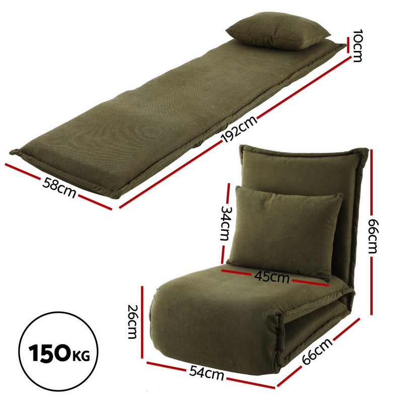 Floor Lounge Sofa Bed Foldable Green displayed flat and upright with dimension details and weight capacity badge.