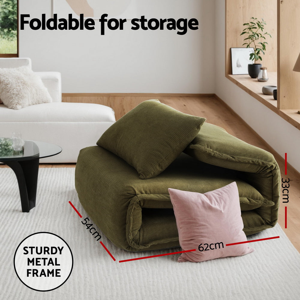 Foldable Floor Lounge Sofa Bed Foldable Green with sturdy metal frame and soft cushions, shown folded for compact storage.
