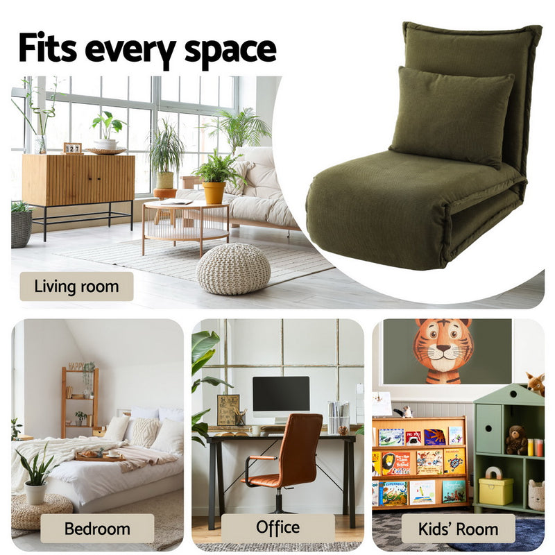 Floor Lounge Sofa Bed Foldable Green in compact design with adjustable back and leg support, shown in modern living setting.