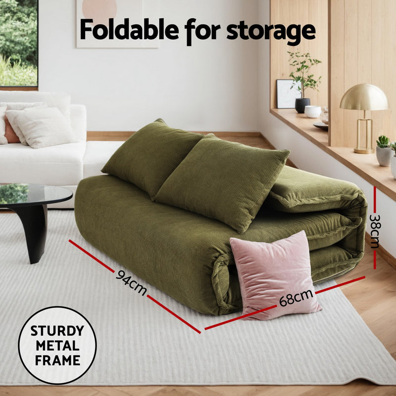Floor Lounge Sofa Bed Foldable 2 Seater Green folded on carpet with cushions in modern living room setting