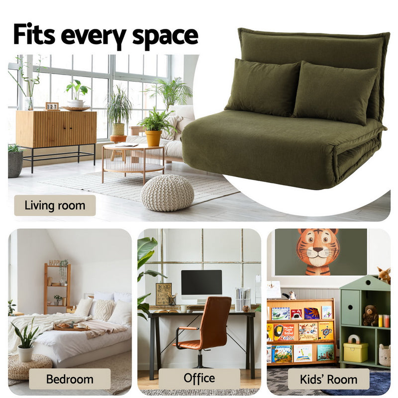 Floor Lounge Sofa Bed Foldable 2 Seater Green with adjustable back and leg support shown in modern living spaces.