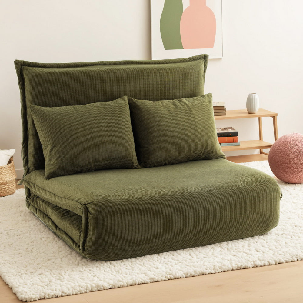 Floor Lounge Sofa Bed Foldable 2 Seater Green with adjustable backrest and cushions on a white rug in living room setting