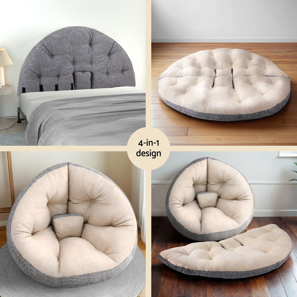 Floor Lounge Day Bed Chair - Beige shown in four convertible forms with tufted beige cushions and gray base on wood floor