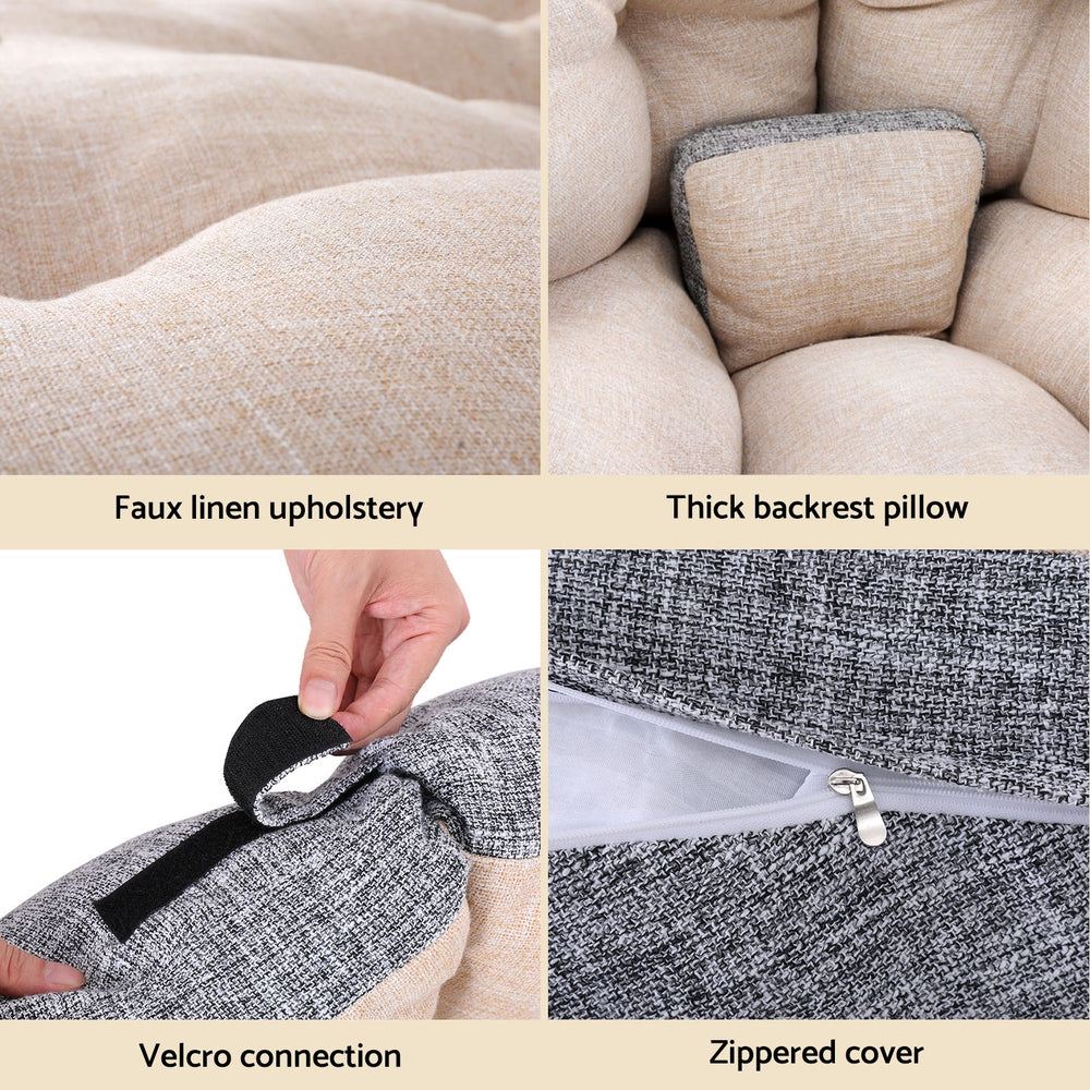 Close-up details of beige 4-in-1 Floor Lounge Day Bed Chair with faux linen fabric, thick pillow, velcro, and zippered cover