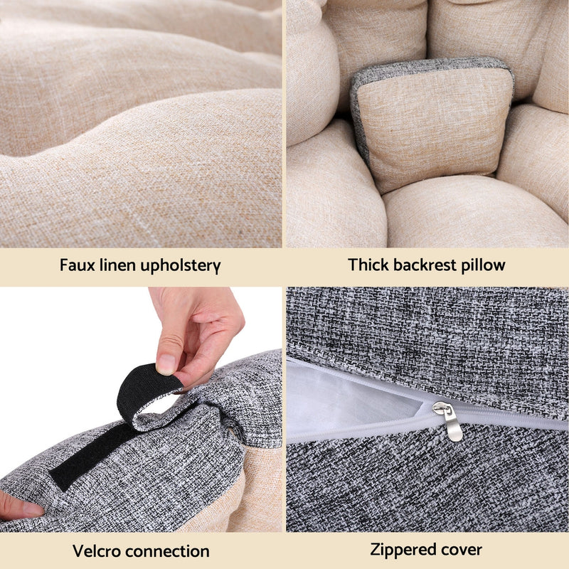 Close-up details of beige 4-in-1 Floor Lounge Day Bed Chair with faux linen fabric, thick pillow, velcro, and zippered cover