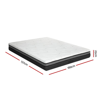 Belle Cool Gel Memory Foam Mattress 25cm Thick - Double with white quilted top and black base showing dimensions
