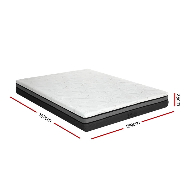 Belle Cool Gel Memory Foam Mattress 25cm Thick - Double with white quilted top and black base showing dimensions