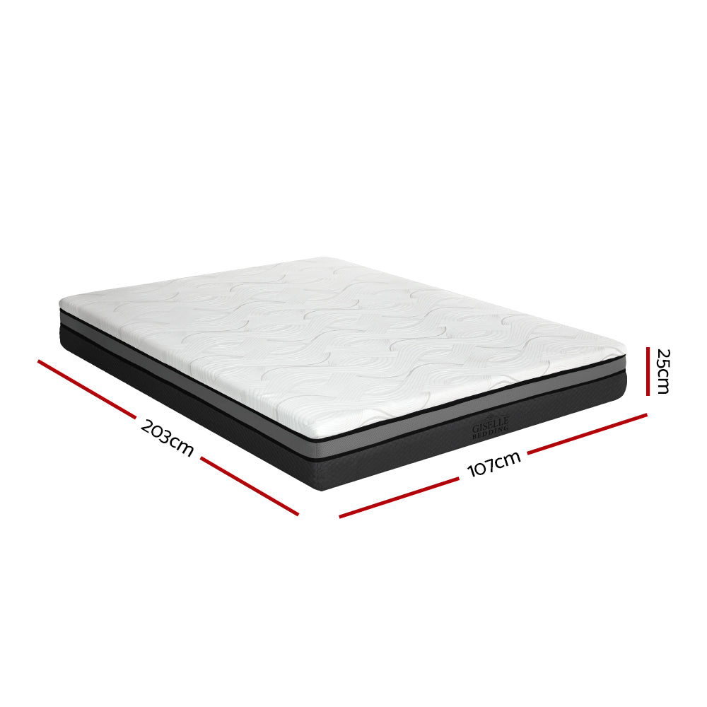 Belle Cool Gel Memory Foam Mattress 25cm Thick - King Single shown with white top and black side panels, dimensions visible