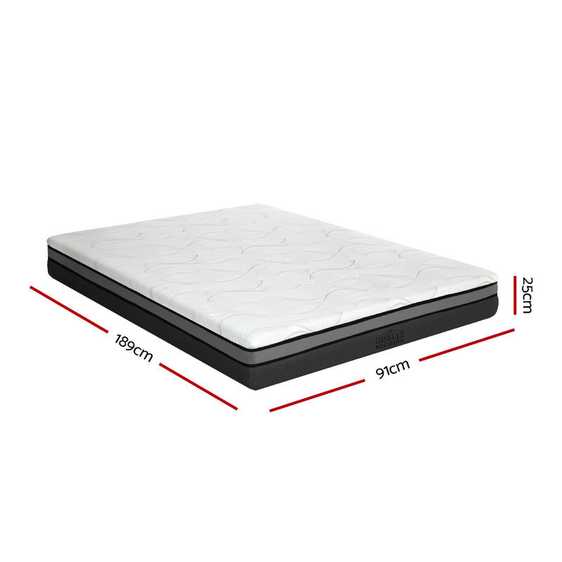 Belle Cool Gel Memory Foam Mattress 25cm Thick - Single with white quilted top and black base featuring size dimensions