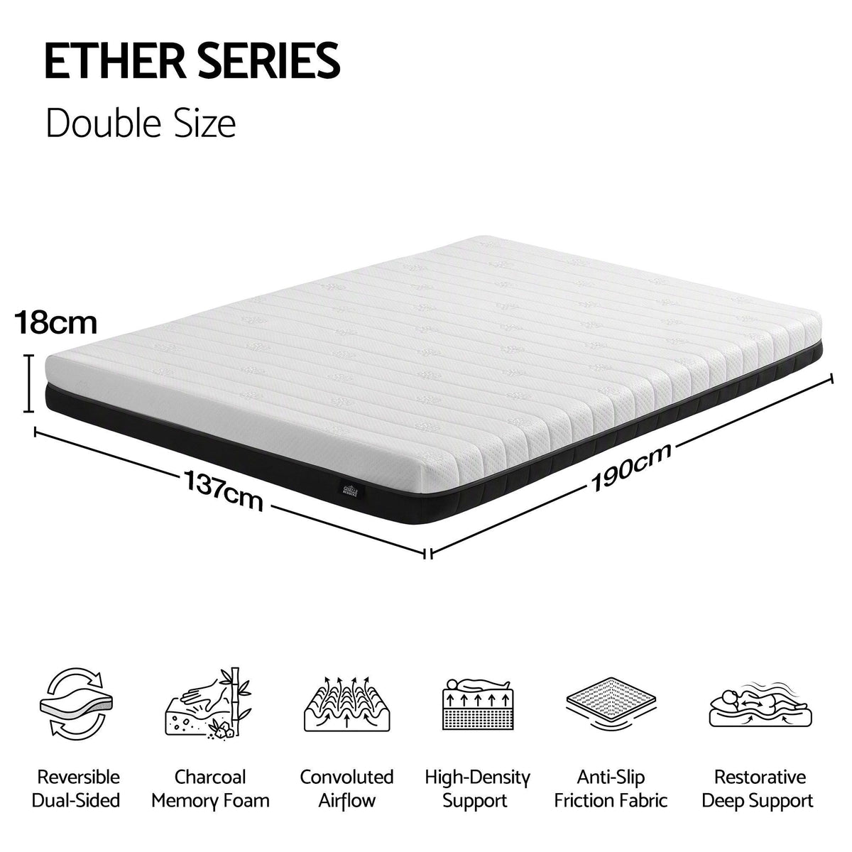 18cm Double Memory Foam Mattress Dual Feel Reversible - Charcoal and White