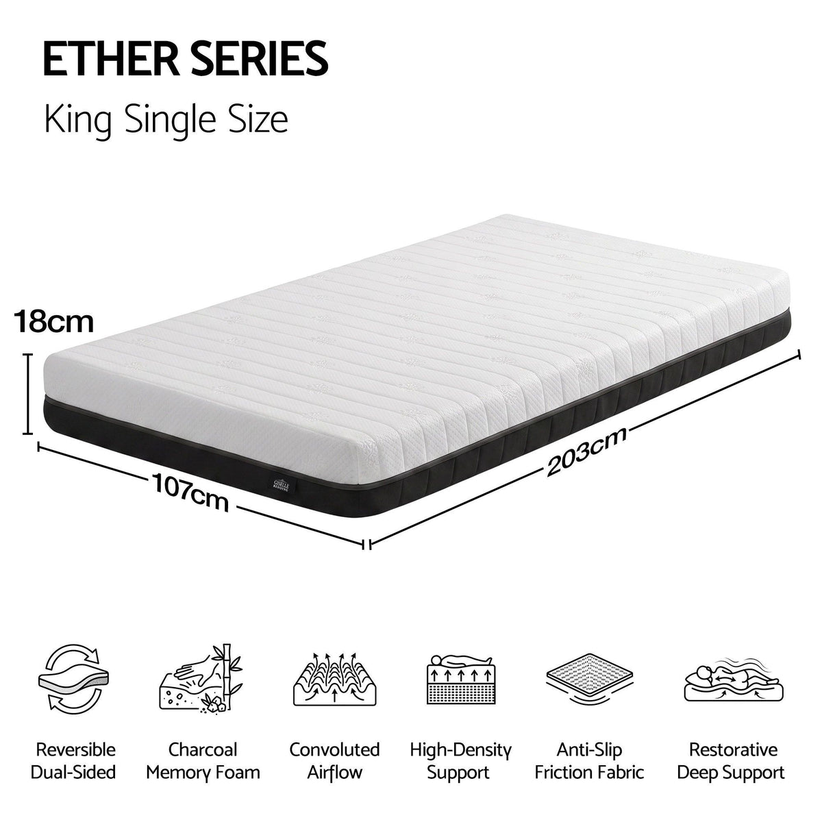 18cm King Single Dual Feel Reversible Memory Foam Mattress - Charcoal