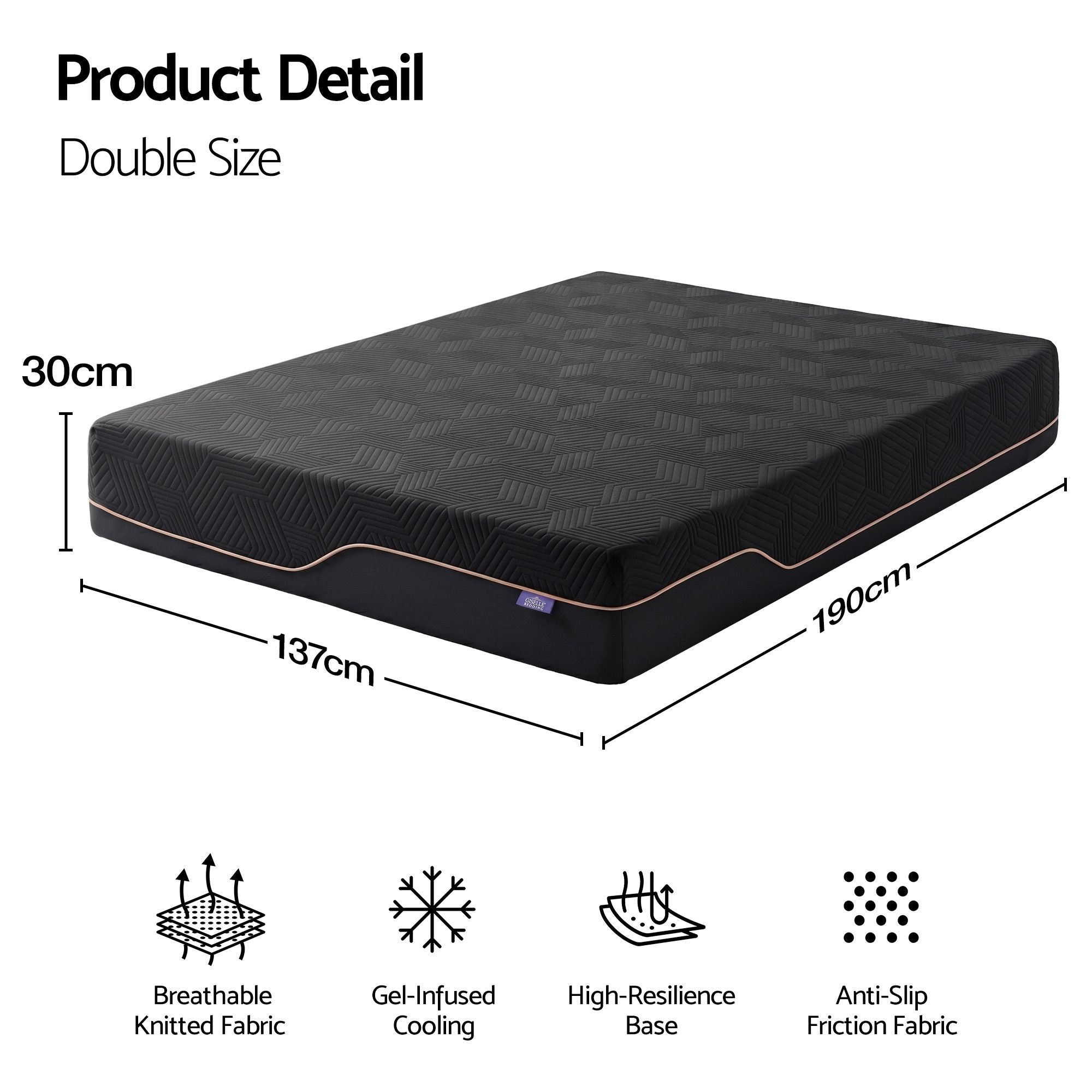 Double Cooling Memory Foam Mattress Medium Firm with Gel Comfort 30cm