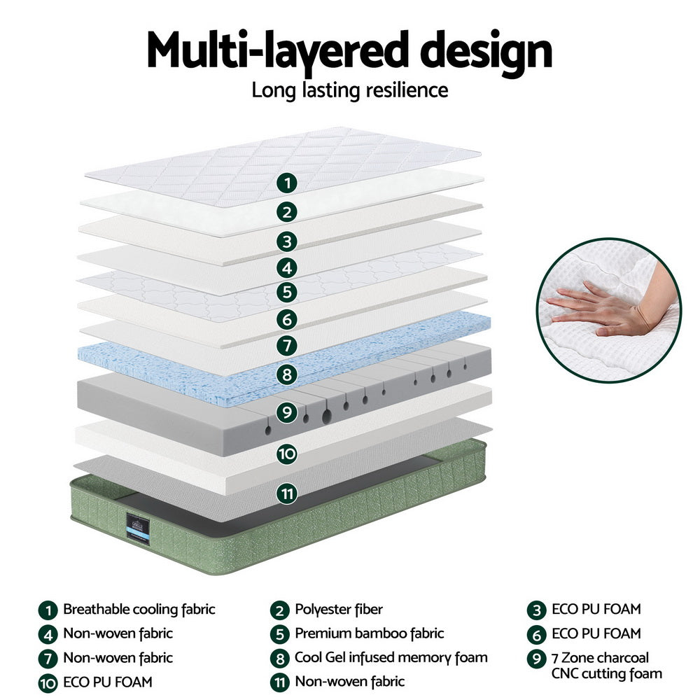 25cm Memory Foam Mattress Dual Layer Zipper Cover Cool Charcoal Foam Mattresses King Single