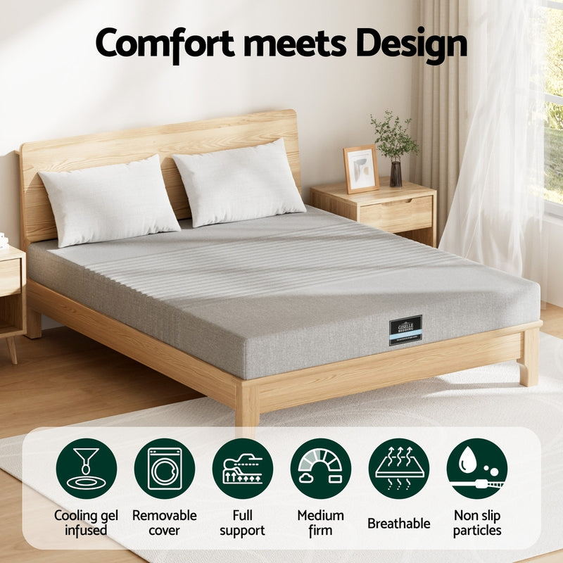 Cool Gel Memory Foam Mattress Charcoal 7-Zone Washable Bamboo Cover 15cm Double on wooden bed frame in bright bedroom setting