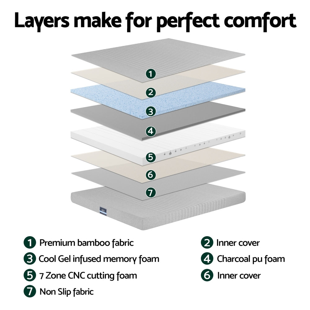 Cool Gel Memory Foam Mattress Charcoal 7-Zone Washable Bamboo Cover 15cm Double