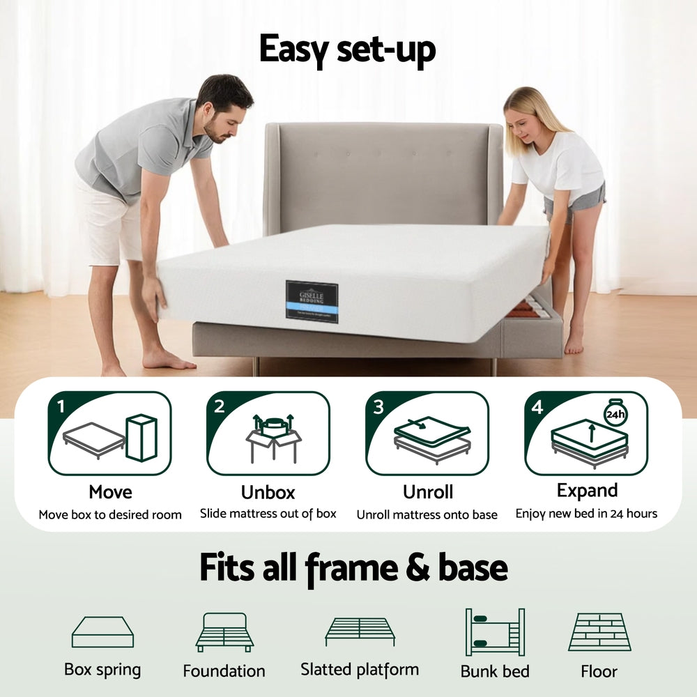 Couple setting up 20cm Memory Foam Mattress Green Tea Single on bed frame, next to mattress setup instructions and frame compatibility icons