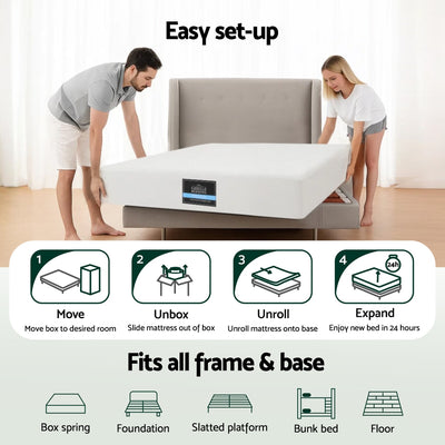 Couple setting up 20cm Memory Foam Mattress Green Tea Single on bed frame, next to mattress setup instructions and frame compatibility icons