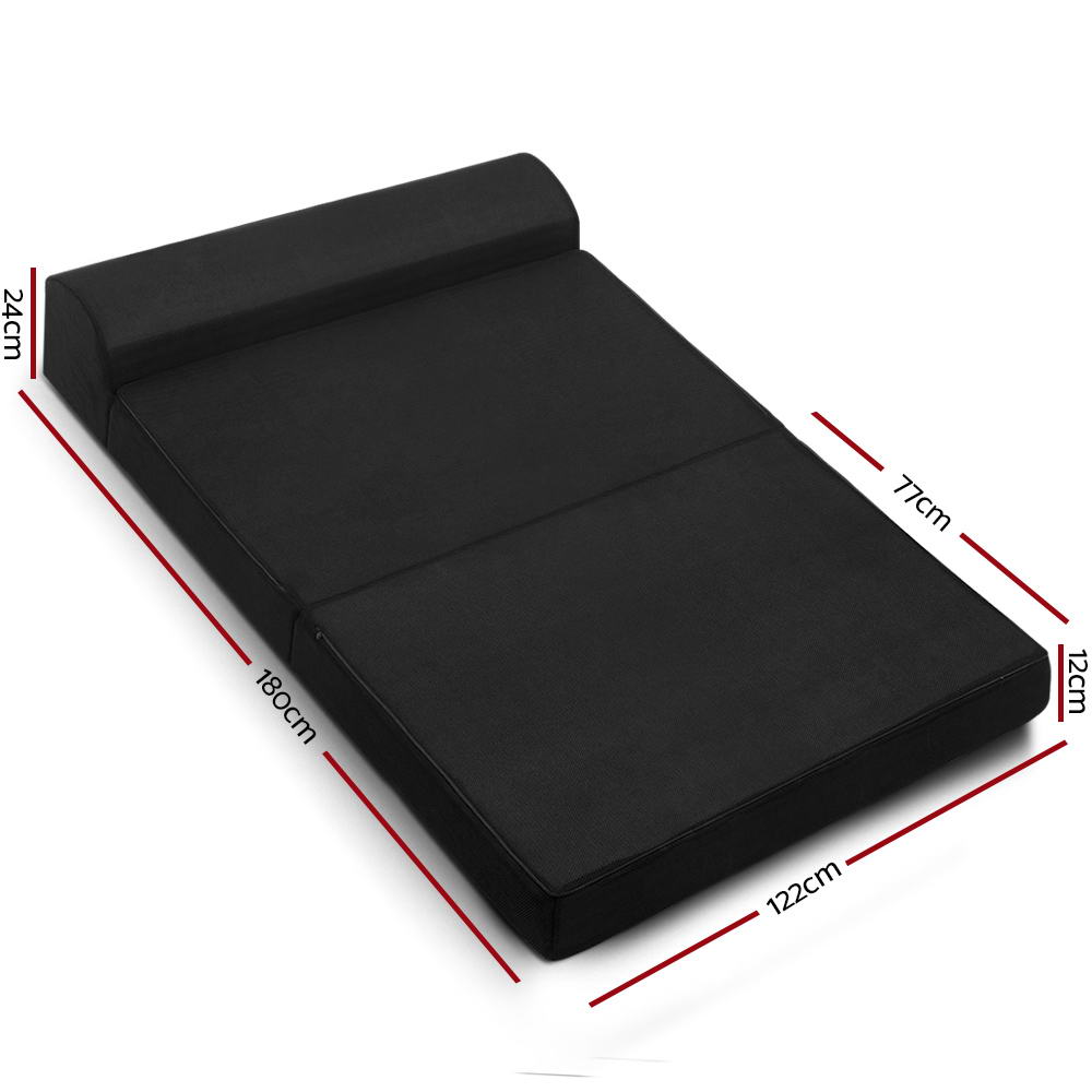Folding Foam Mattress Portable Double Sofa Bed Mat Air Mesh Fabric Black with dimensions displayed on white background