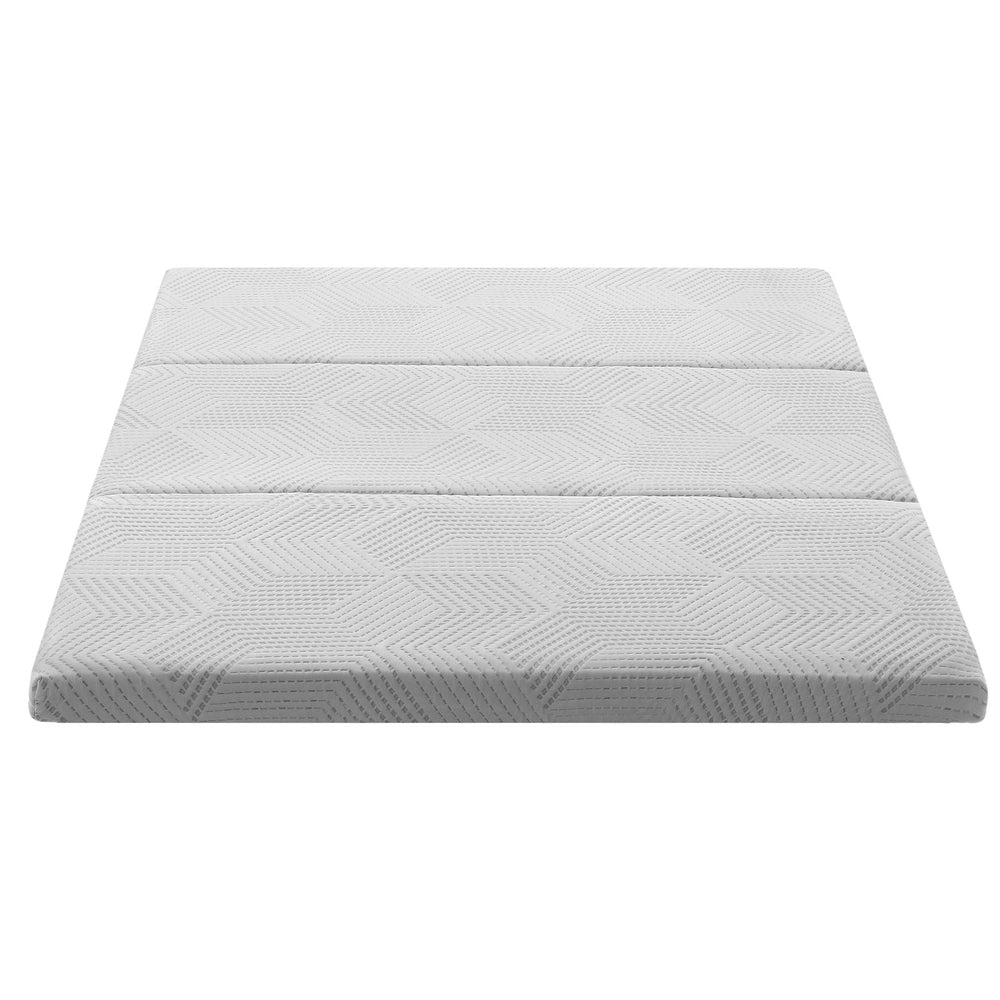 3-Foldable Mattress Folding Foam Double in light gray fabric with geometric textured pattern, shown flat on white background