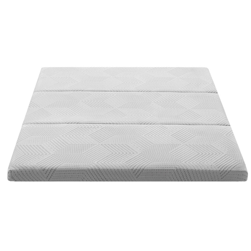 3-Foldable Mattress Folding Foam Double in light gray fabric with geometric textured pattern, shown flat on white background