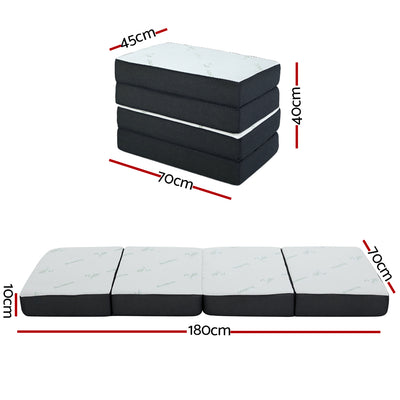 Portable Mattress Folding Foldable Foam Floor Bed Tri Fold 180cm shown folded and fully extended with dimensions displayed