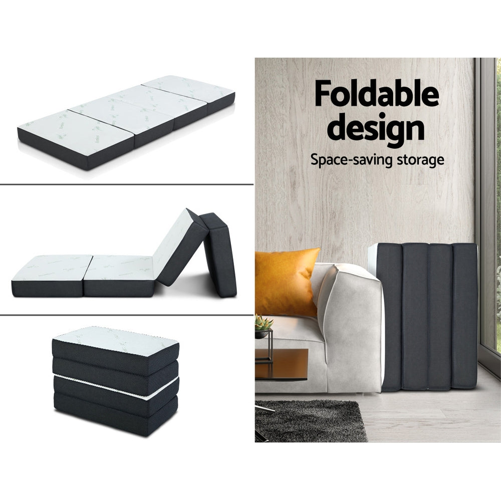 Portable Mattress Folding Foldable Foam Floor Bed Tri Fold 180cm shown unfolded, angled, and folded for space-saving storage.
