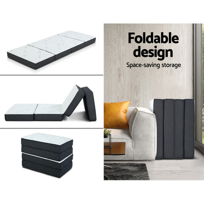 Portable Mattress Folding Foldable Foam Floor Bed Tri Fold 180cm shown unfolded, angled, and folded for space-saving storage.
