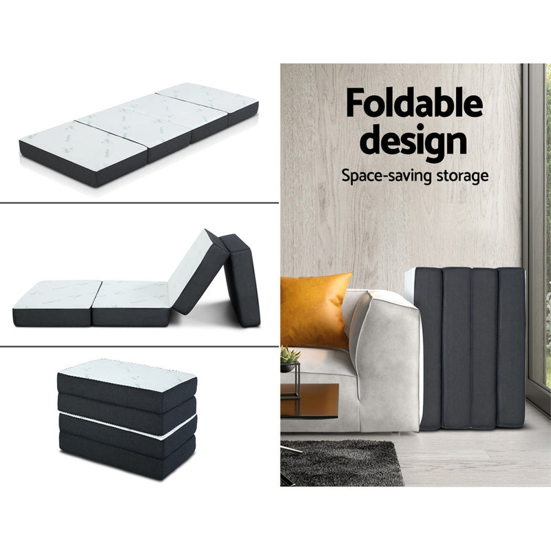 Portable Mattress Folding Foldable Foam Floor Bed Tri Fold 180cm shown unfolded, angled, and folded for space-saving storage.