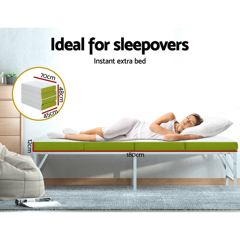 4-FOLD Folding Mattress Camping Single Green on foldable foam mattress laid on white frame with dimensions shown