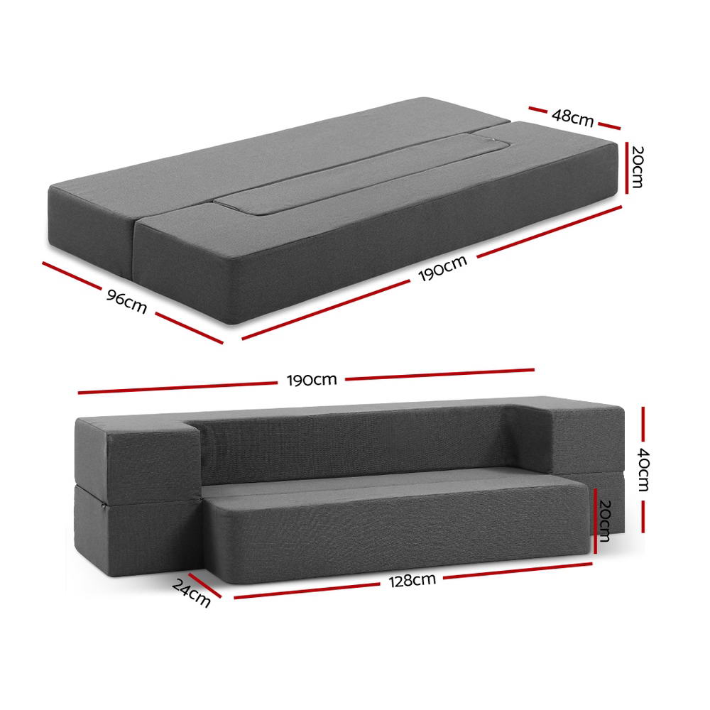 Portable Sofa Bed Folding Mattress Lounger in gray foam, shown folded as bed and sofa with dimensions marked.