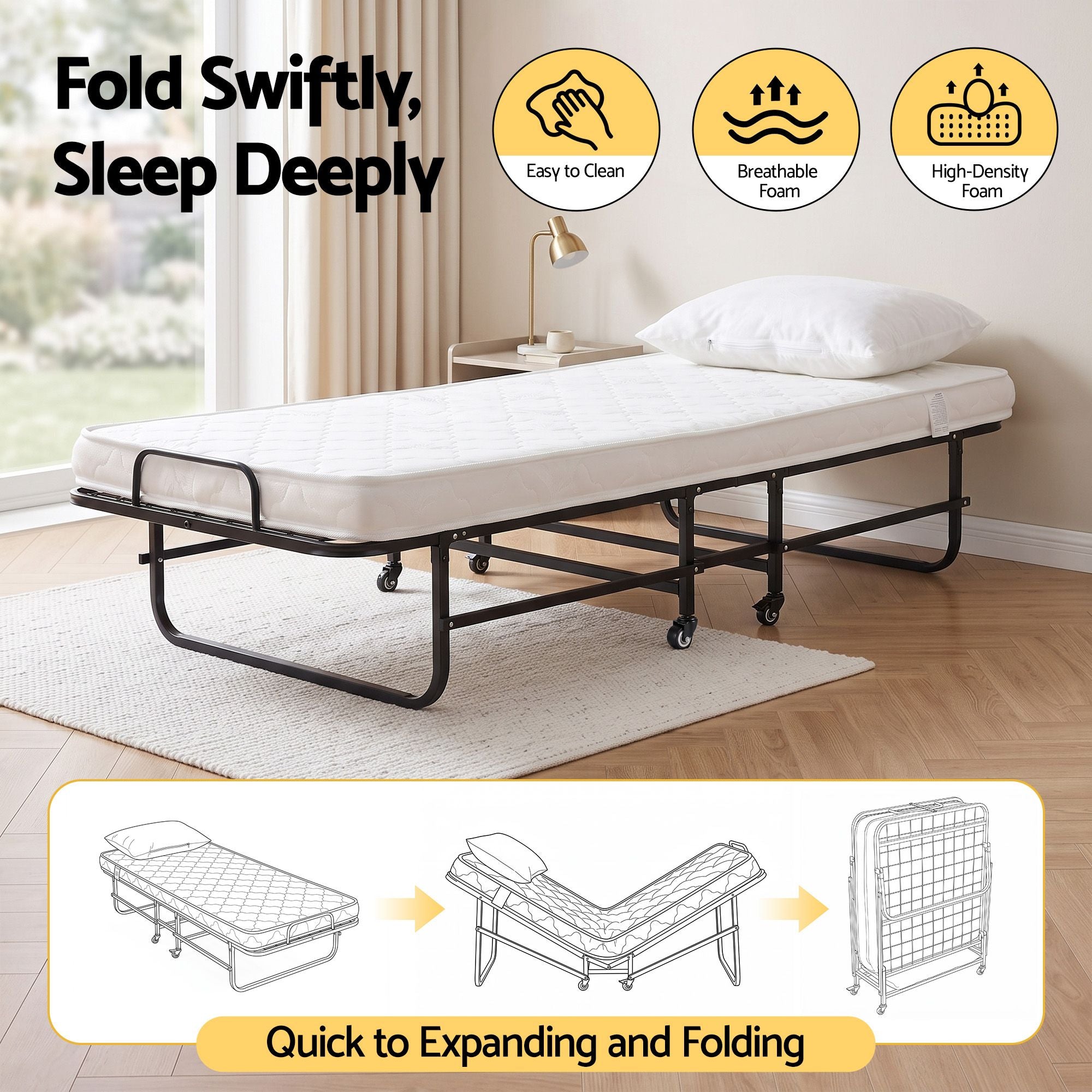 Folding Bed with Mattress, Portable Rollaway 150kg Capacity 190CM