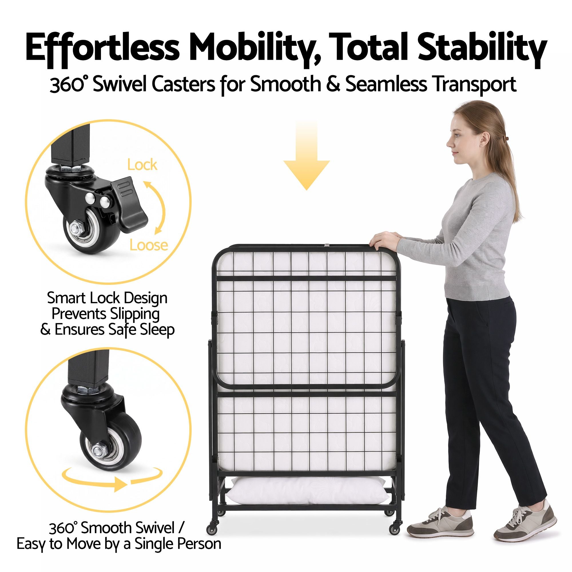 Folding Bed with Mattress, Portable Rollaway 150kg Capacity 190CM