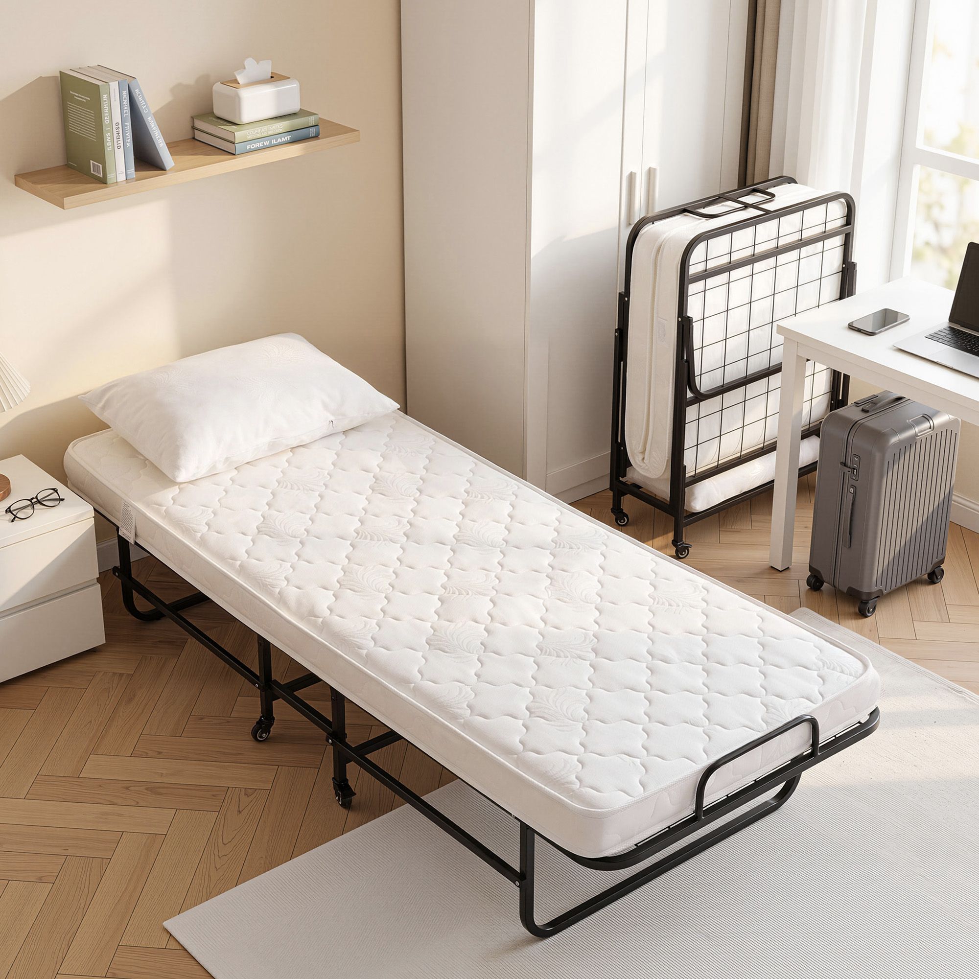 Folding Bed with Mattress, Portable Rollaway 150kg Capacity 190CM