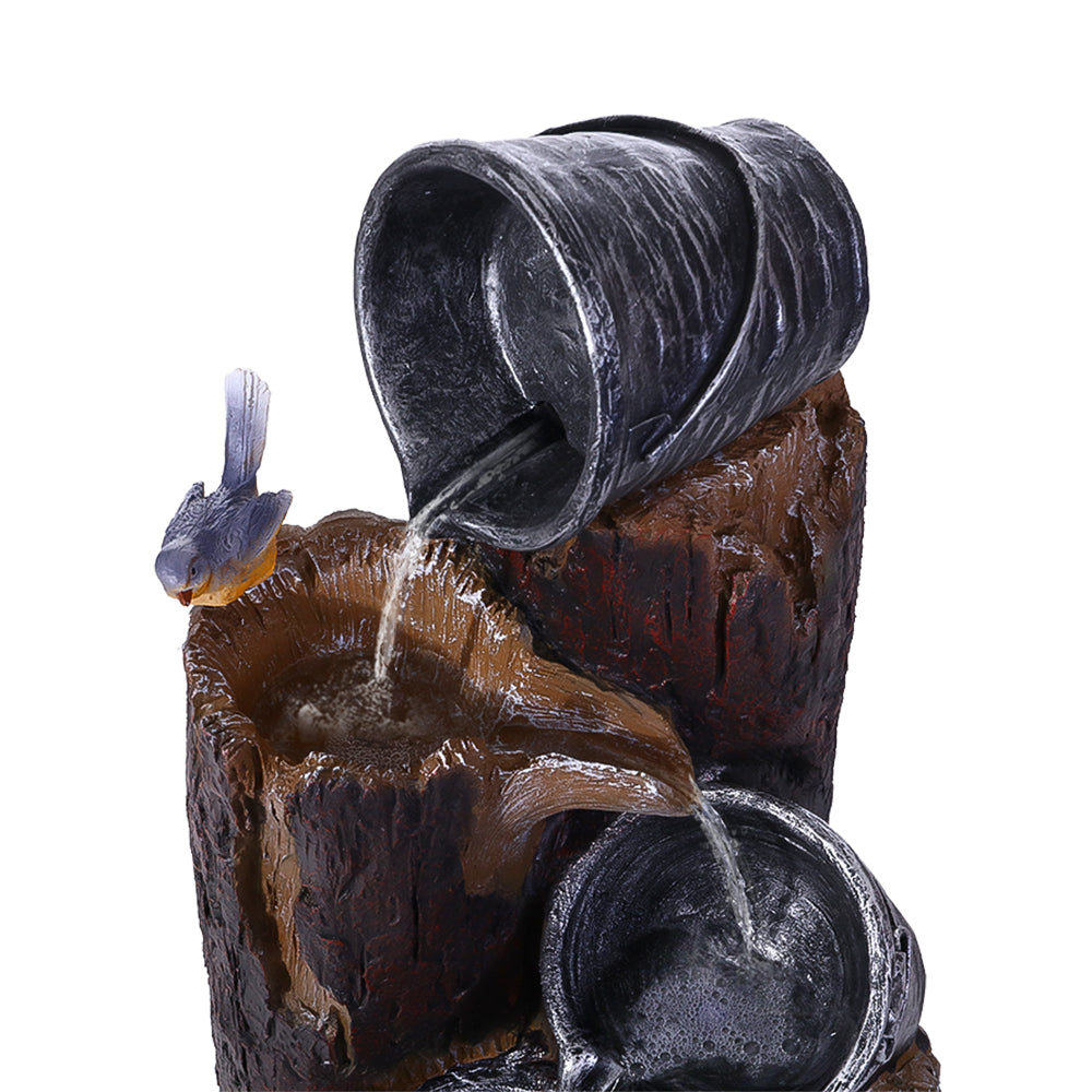 Solar Water Feature with LED Lights 3-Tier Buckets 76cm showing water flowing between buckets with bird detail on a white background