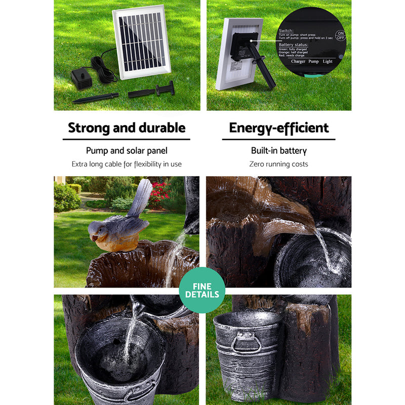 Solar Water Feature with LED Lights 3-Tier Buckets 76cm showing solar panel, pump, and water flowing through rustic bucket tiers.