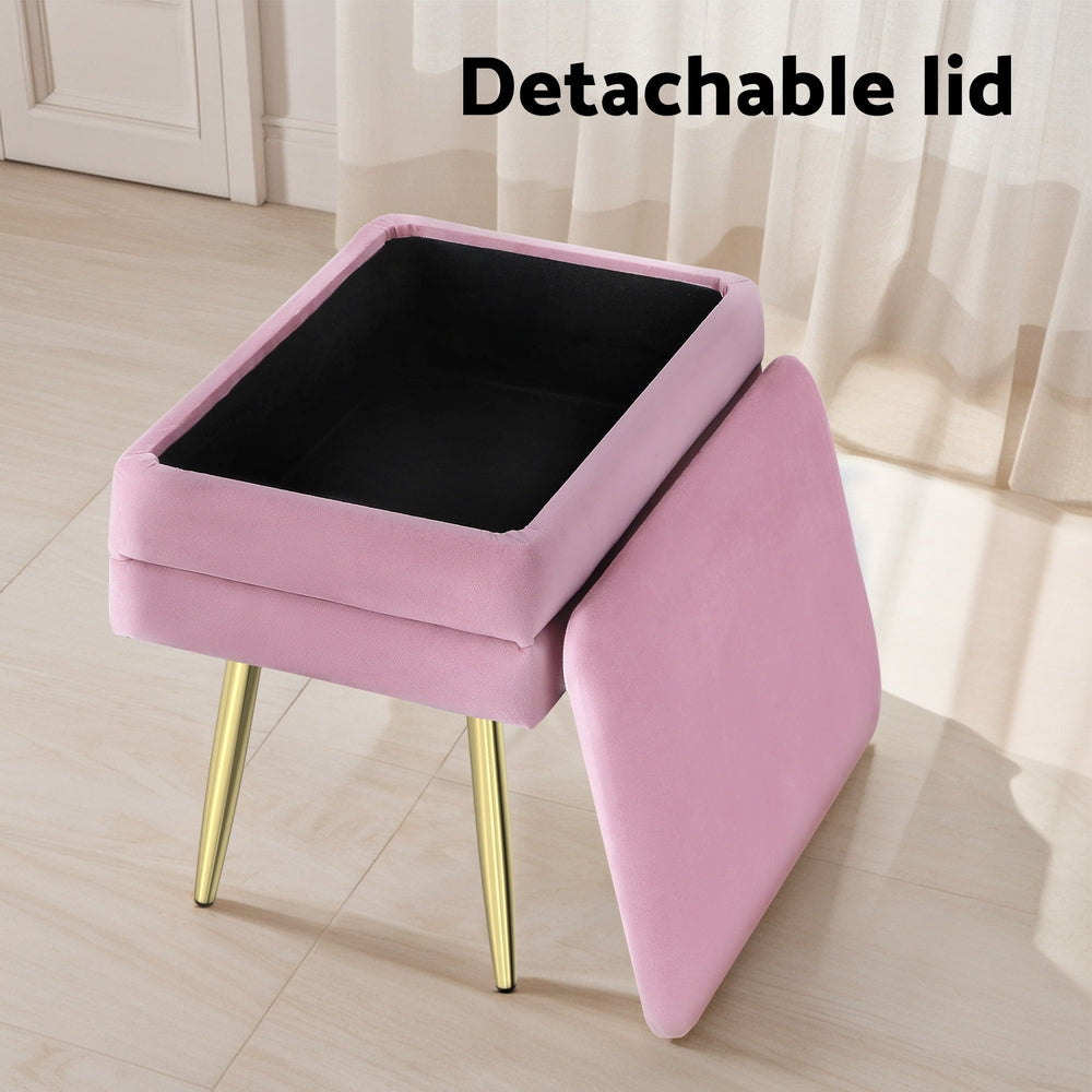 Ottoman Storage Foot Stool Velvet Pink with detachable lid, gold legs, and soft velvet upholstery on light floor background
