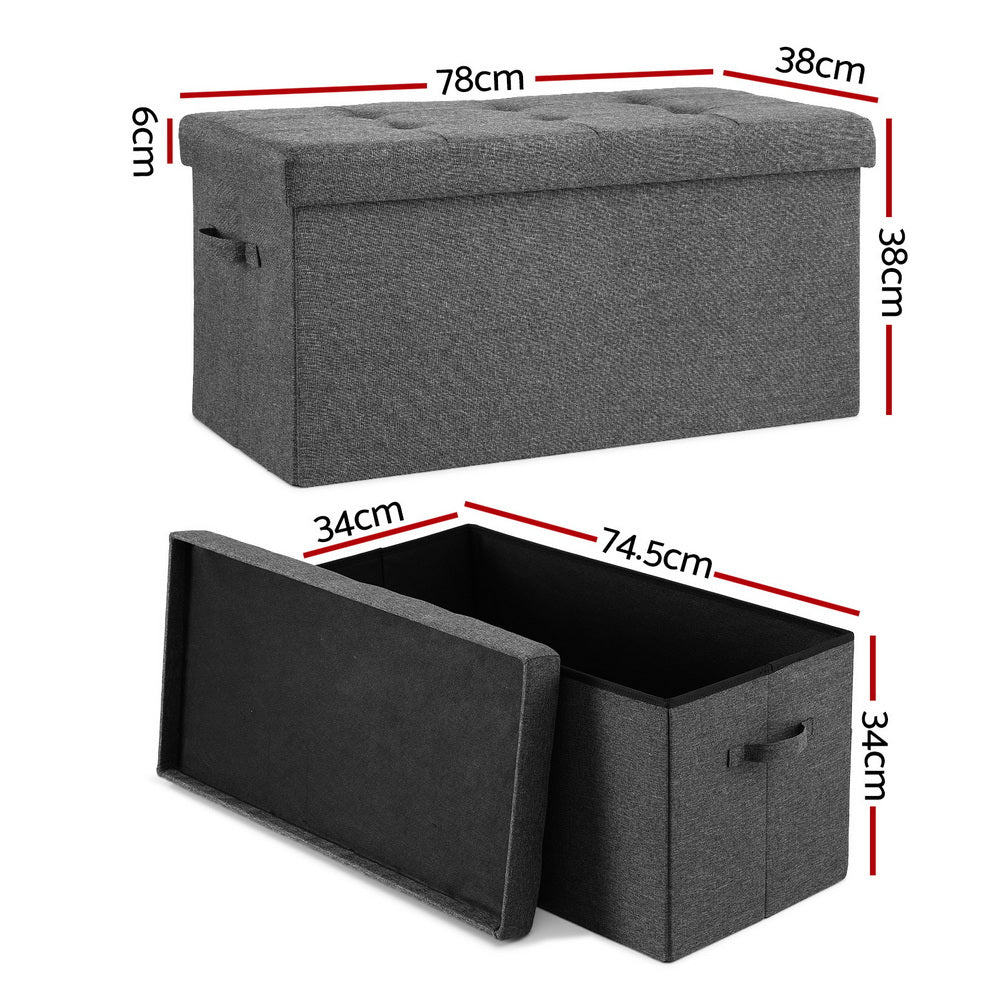 Storage Ottoman Foot Stool Rest Foldable in dark gray fabric with tufted top and side handles, shown open and closed with dimensions.
