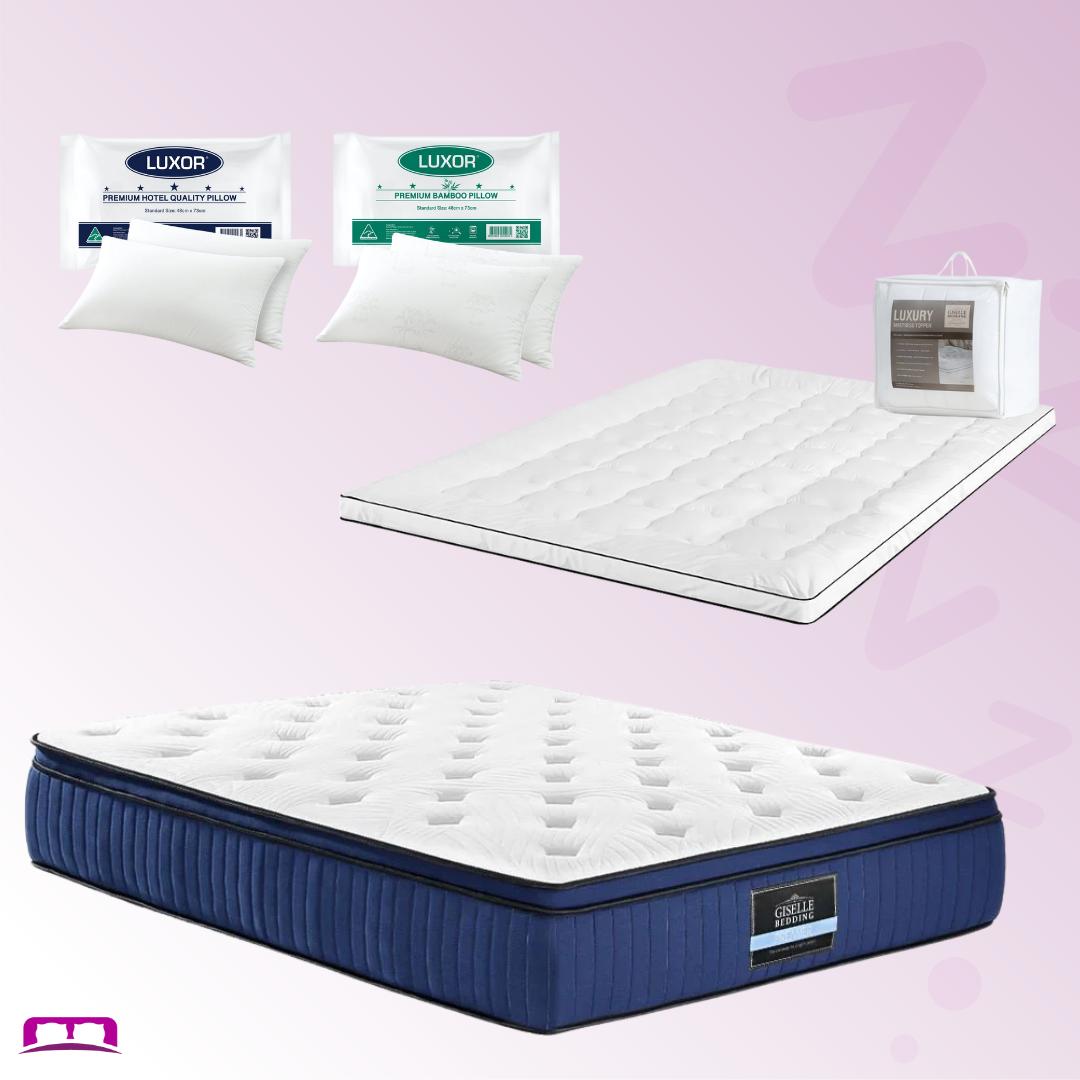 Queen Comfort Package | Franky Euro Top Cool Gel Mattress (Medium Firm), Deluxe Pillowtop Topper, 2 Deluxe & 2 Cooling Pillows