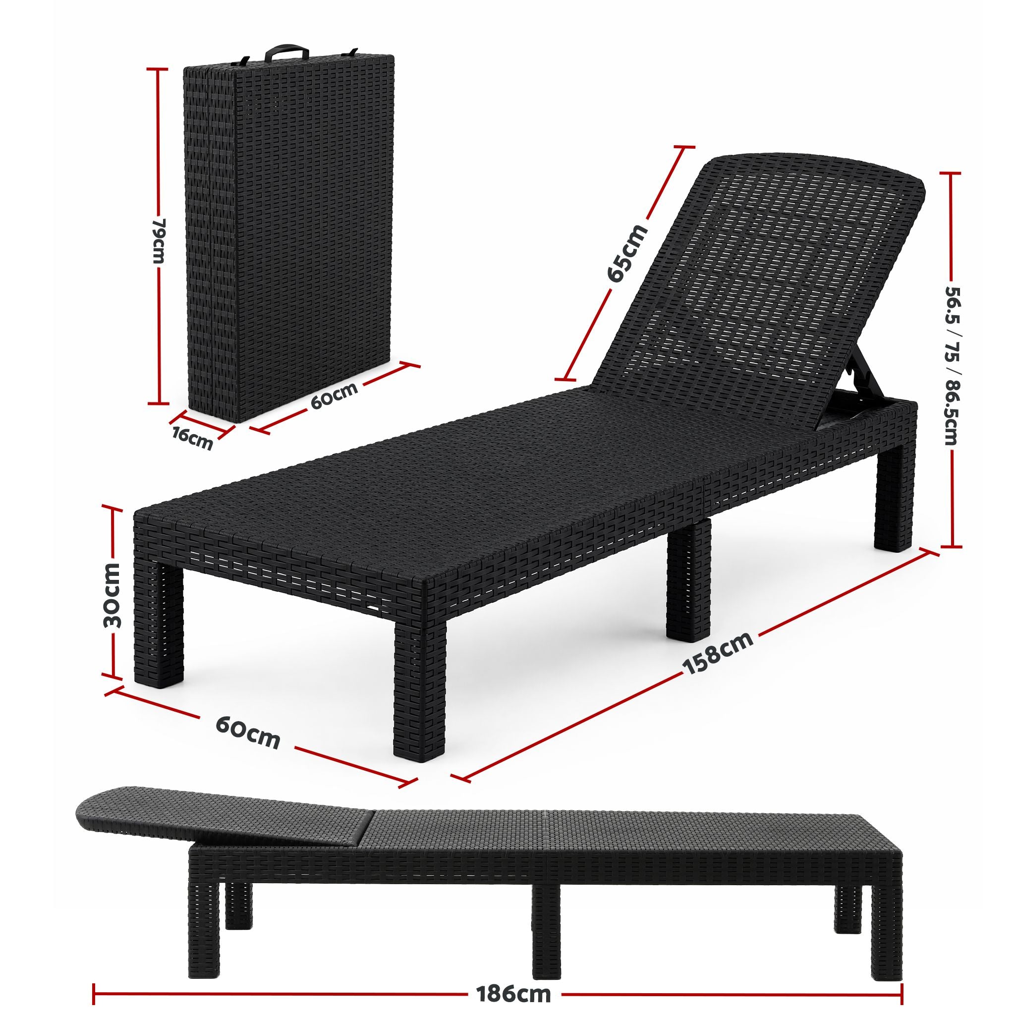 Sun Lounge Outdoor Folding Recliner Patio Pool Beach Chair Rattan Black