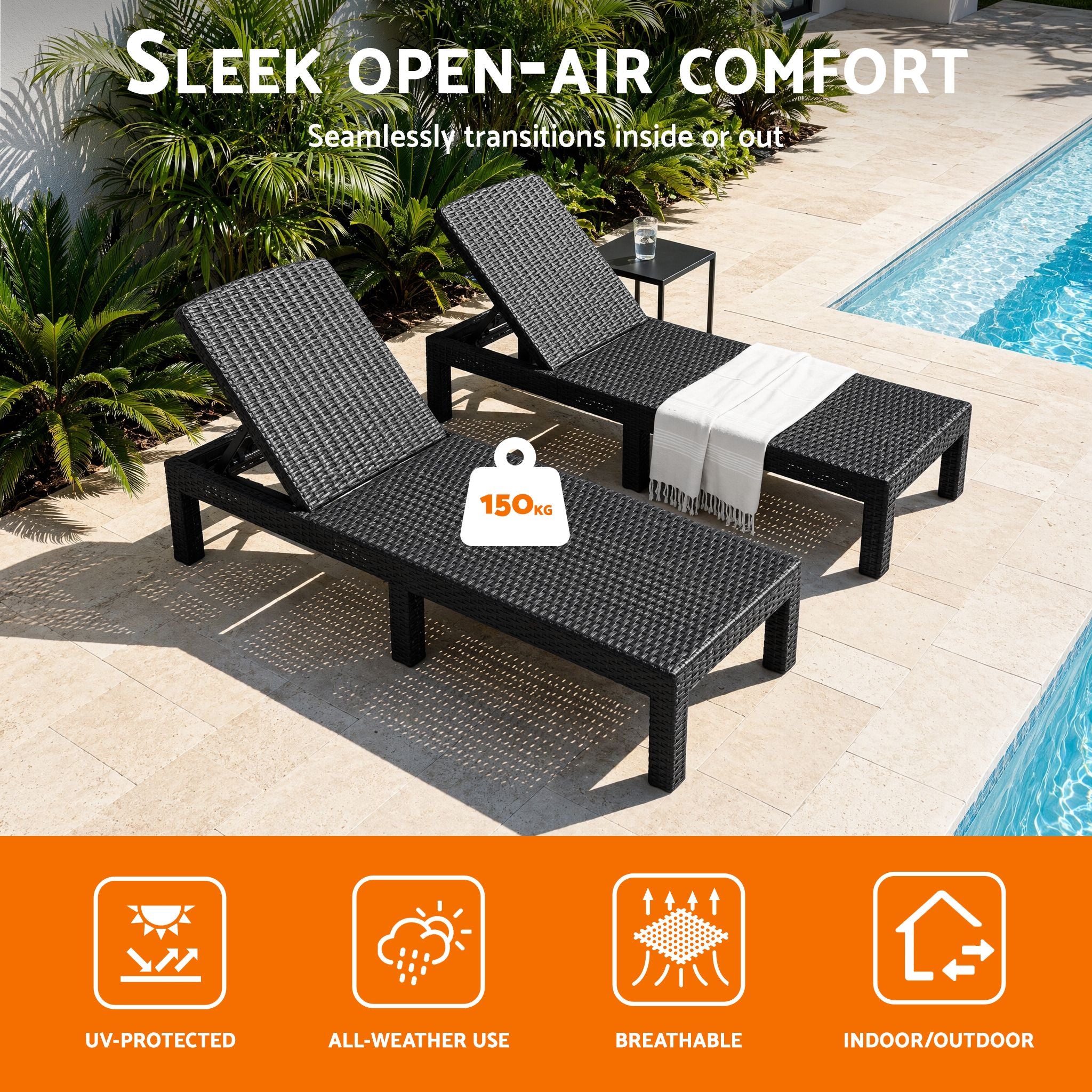 Sun Lounge Outdoor Folding Recliner Patio Pool Beach Chair Rattan Black