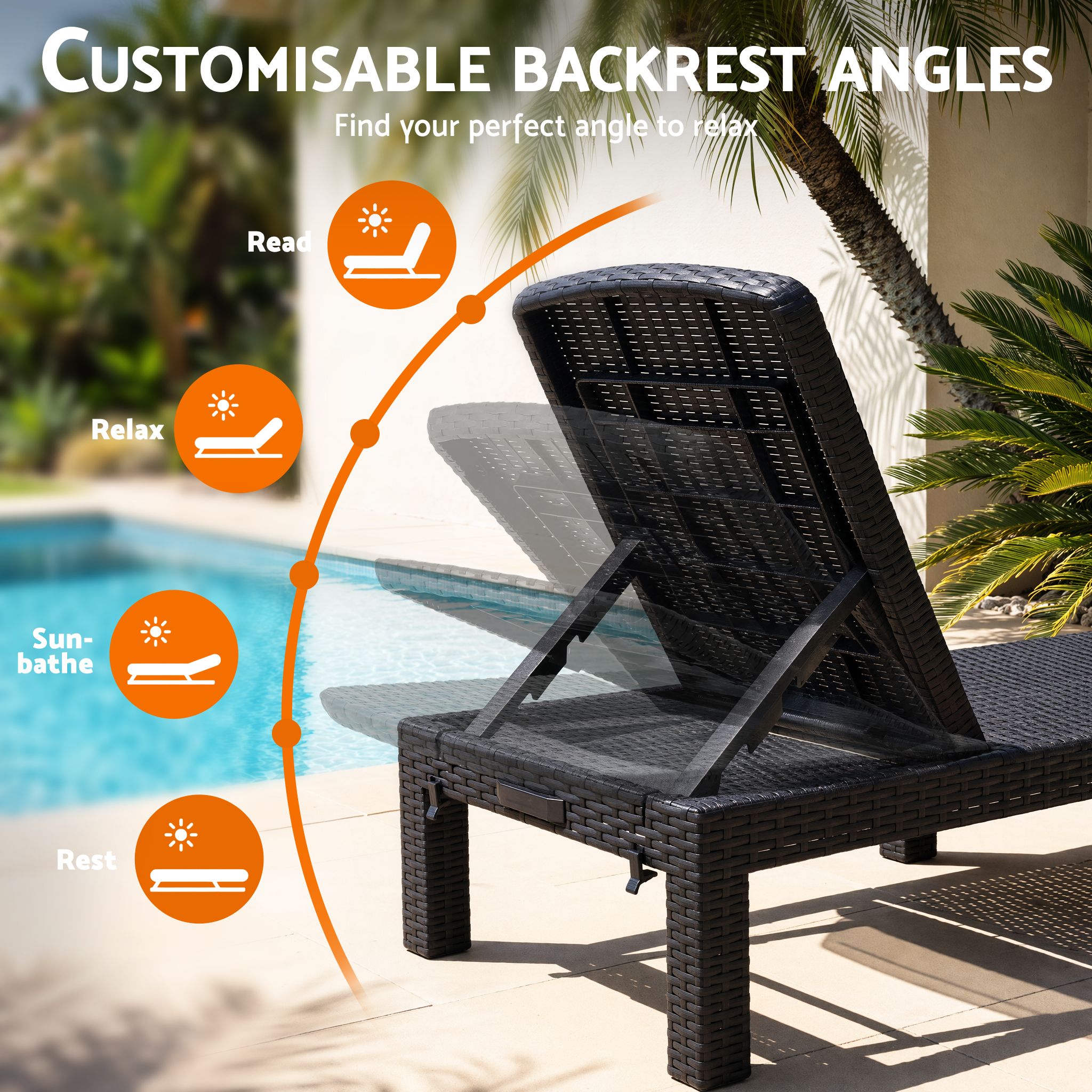 Sun Lounge Outdoor Folding Recliner Patio Pool Beach Chair Rattan Black