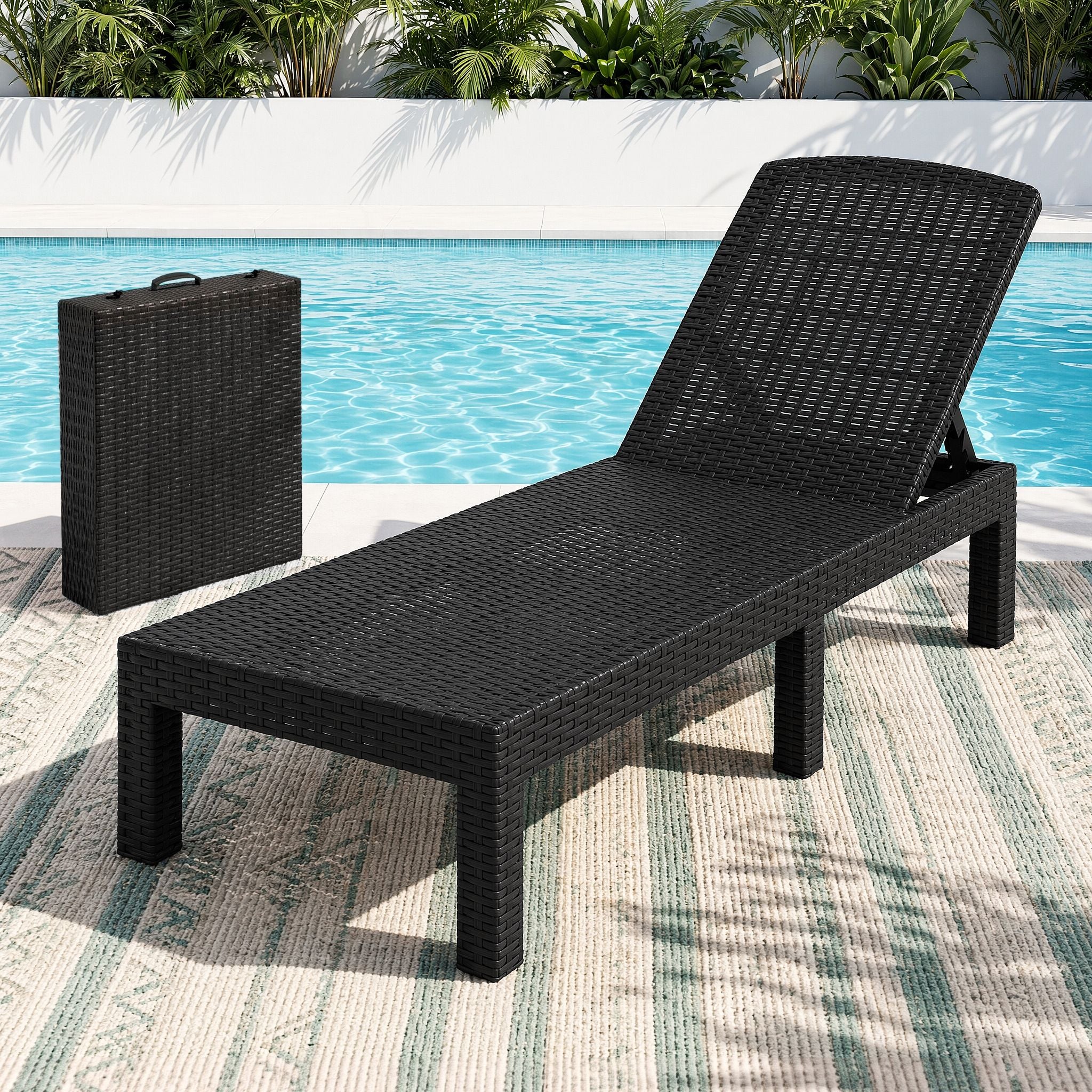 Sun Lounge Outdoor Folding Recliner Patio Pool Beach Chair Rattan Black