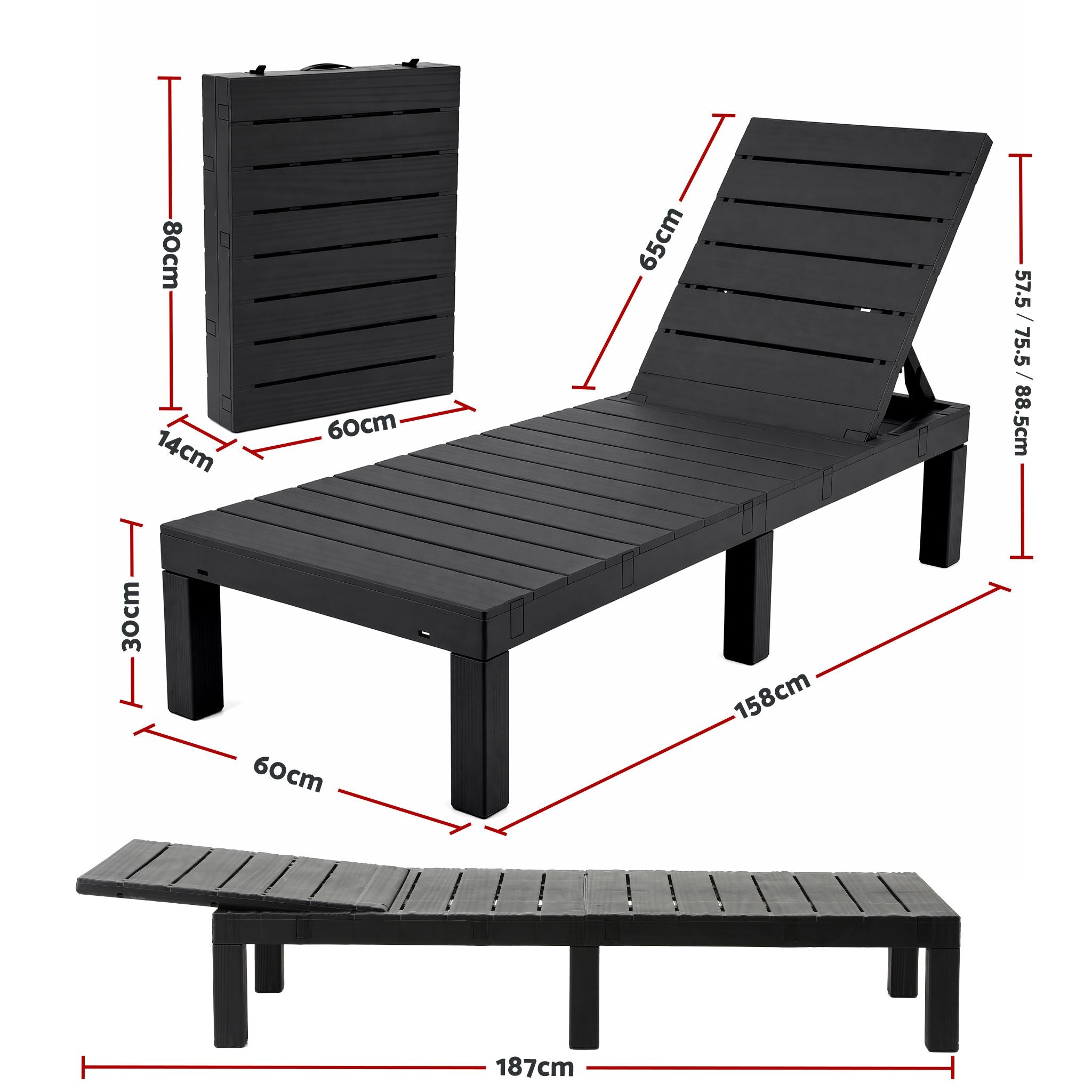 Sun Lounge Outdoor Folding Recliner Patio Pool Beach Chair Slatted Black