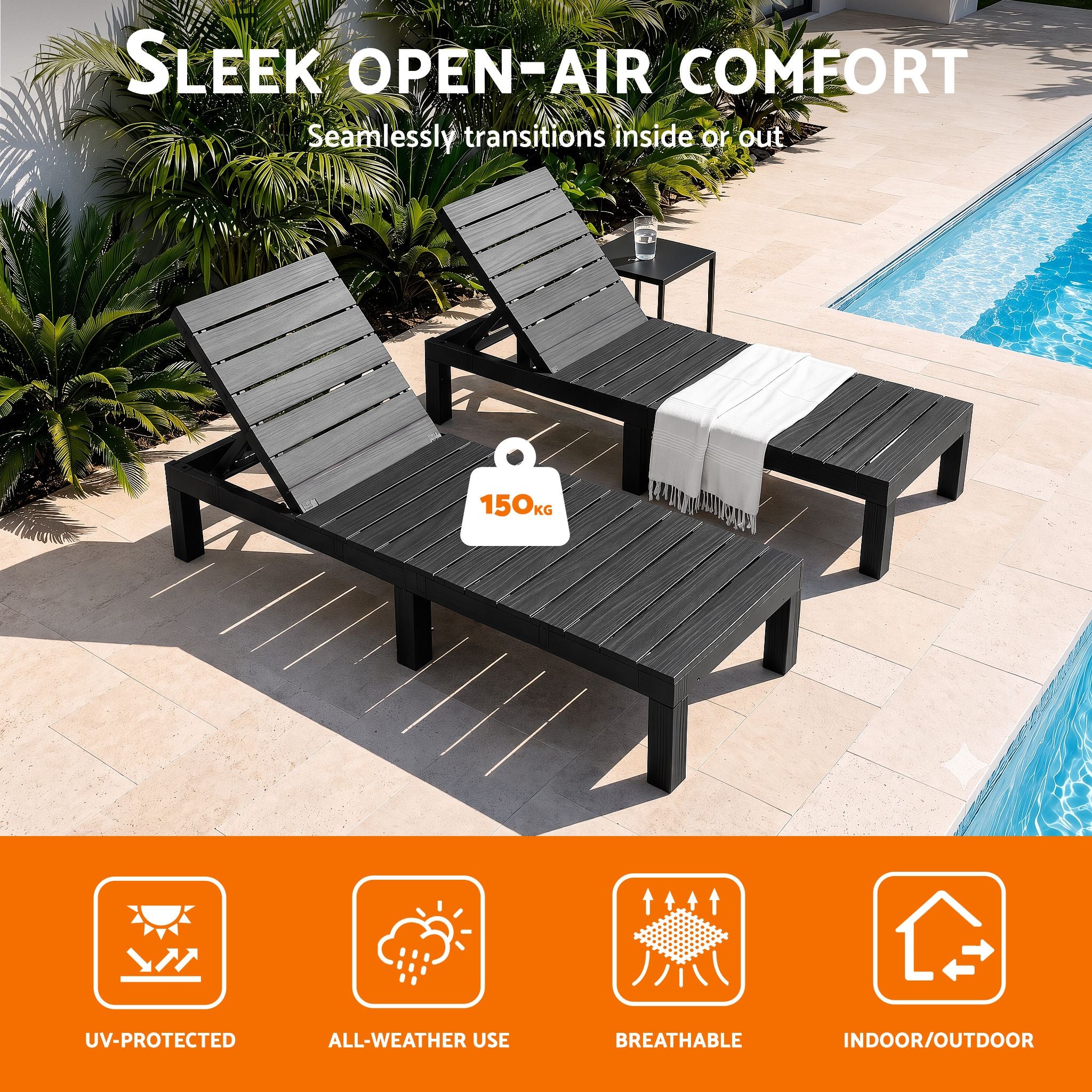 Sun Lounge Outdoor Folding Recliner Patio Pool Beach Chair Slatted Black
