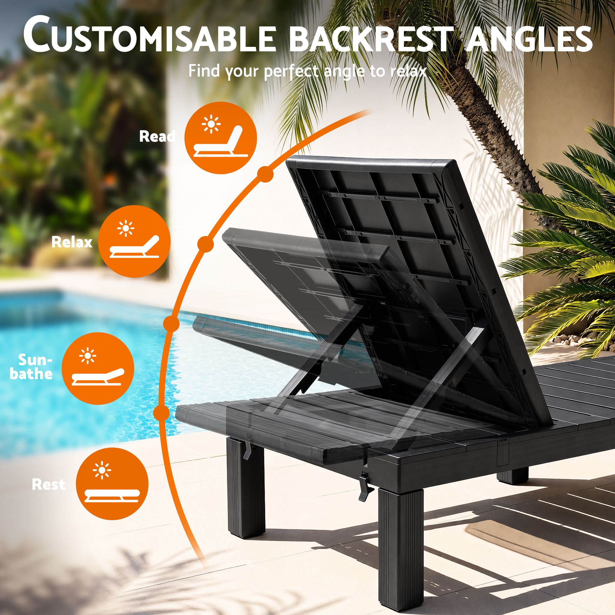 Sun Lounge Outdoor Folding Recliner Patio Pool Beach Chair Slatted Black
