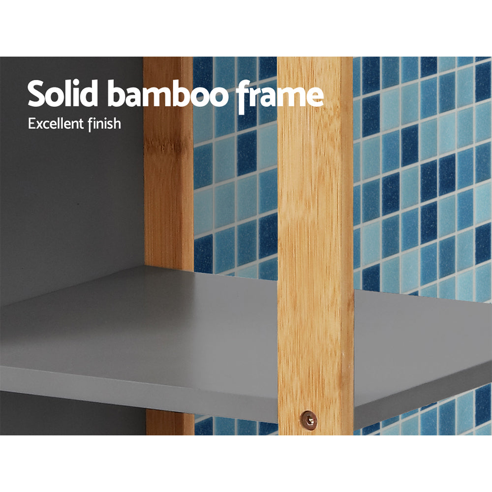 Close-up of Bathroom Cabinet 115cm Bamboo Shelf showing solid bamboo frame and gray shelf against blue tiled wall