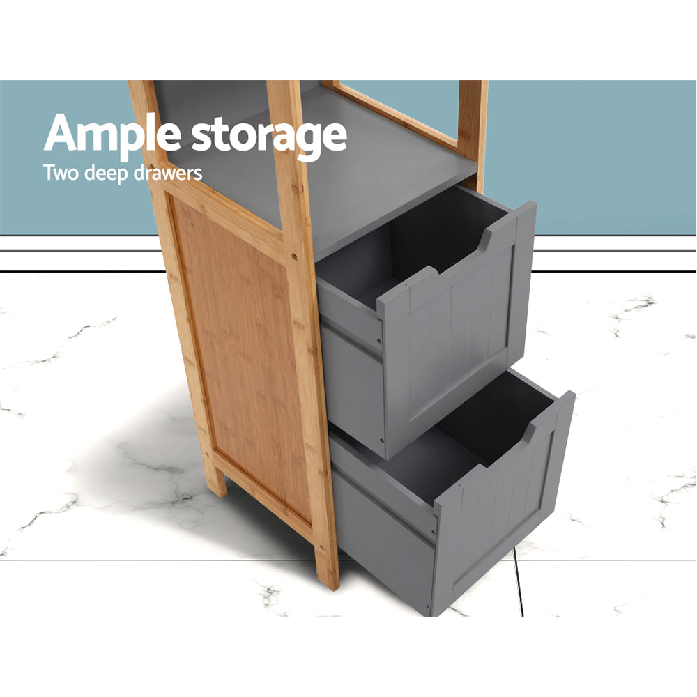 Bathroom Cabinet 115cm Bamboo Shelf with two deep gray drawers and bamboo frame on marble floor with blue background