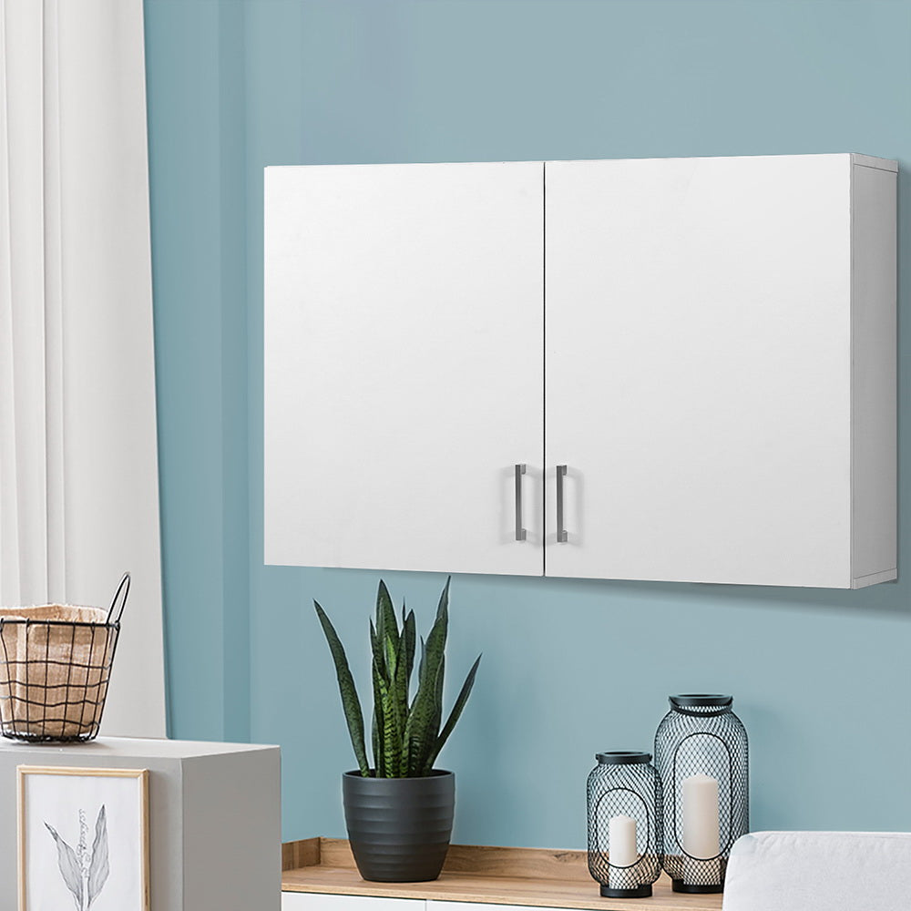 Bathroom Storage Cabinets 900mm Wall Mounted Medicine Cabinet Cupboard in white with sleek handles on blue wall background